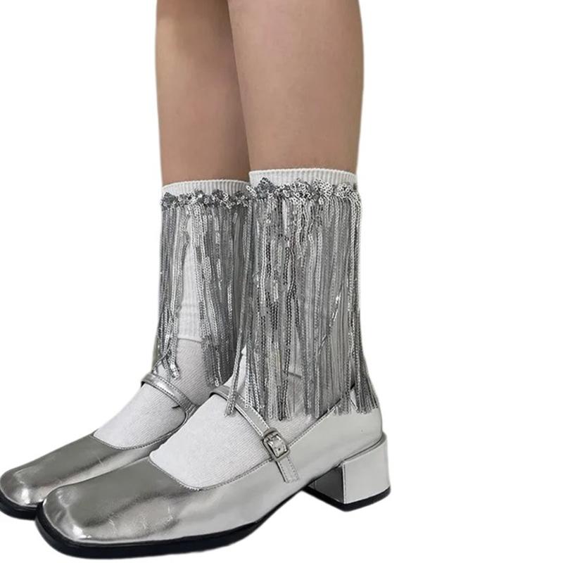 Womens Harajuku Sequins Tassels Decorative Trim Calf Sock 90s Solid Rib Middle Tube Sock Nightclub Party Stockings