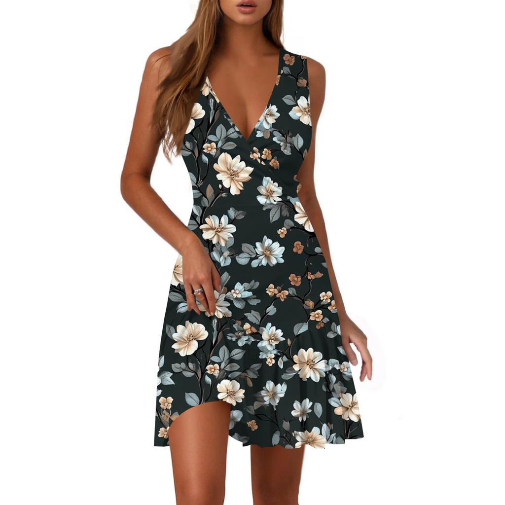 Ladies Casual Fashion V-Neck Sleeveless Print Dress