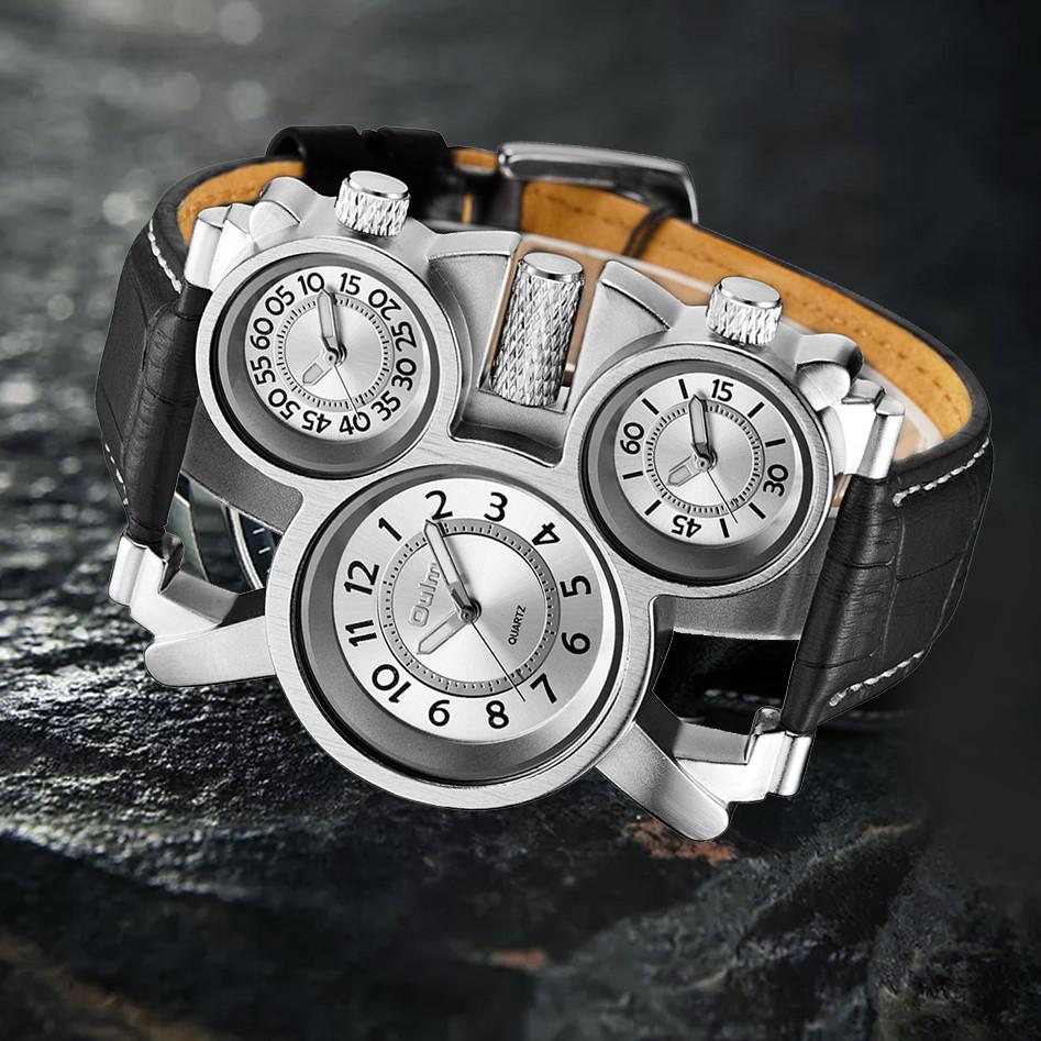 Oulm Мужские часы бизнес-повседневные кварцевые часы с несколькими часовыми поясами из кожи