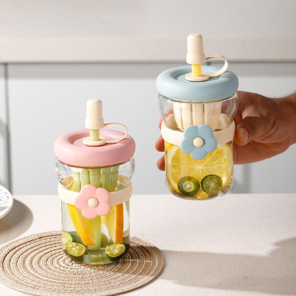 Flower Patch Straw Cup Portable Water Bottle Cartoon Glass Water Cup for Boys and Girls