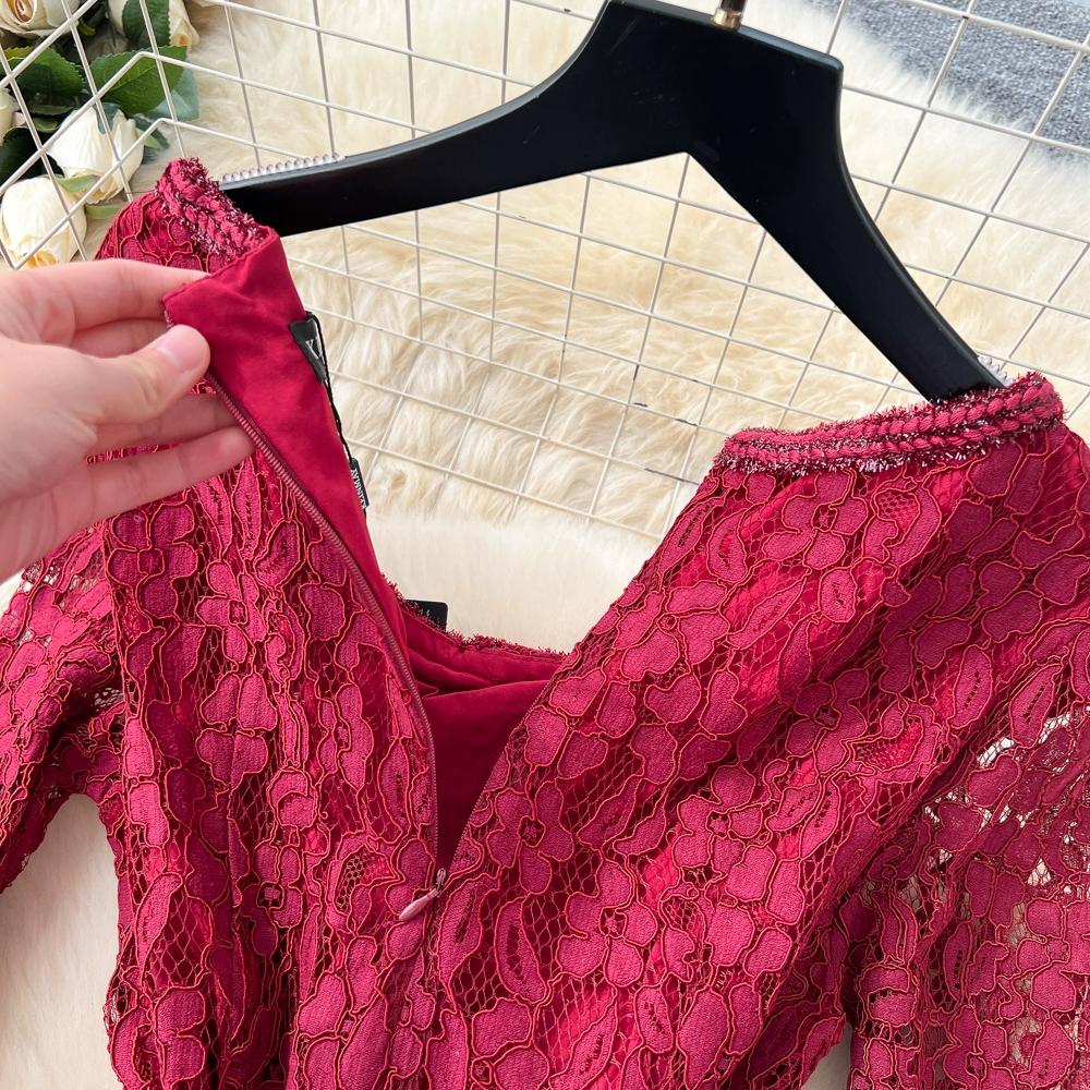 Платье высокого класса для женщин на осень, французская мода, кружевное, с длинными рукавами, пэчворк, с акцентом на талии, плиссированное длинное платье