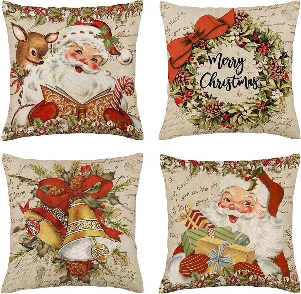 Christmas Pillow Covers 18X18In Christmas Throw Pillow Covers Set Of 4 Vintage Christmas Decor Santa Winter Holiday Pillow Cover