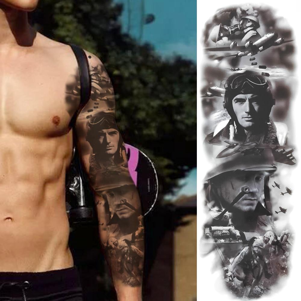 3D Солдат ВВС Вся Рука Временные Татуировки Наклейка Для Мужчин Женщин Взрослых Военный Корабль Компас Поддельный Рукав Татуировки Татуировки Бедро