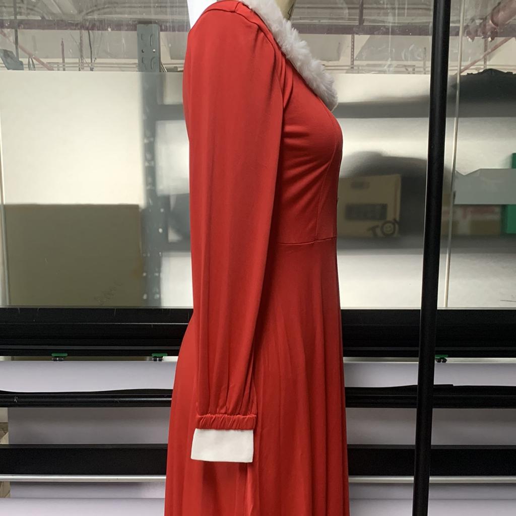 Women's Christmas Costume Red Button-up Long-sleeved Knitted Plush Princess Dress