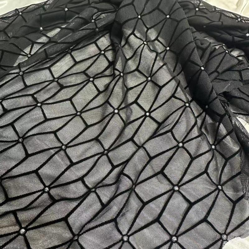 1yard*160cm Hexagonal pattern Stretchy Flocking Jacqurd Fabric Velvet Mesh African Fabrics for DIY Sewing Clothing