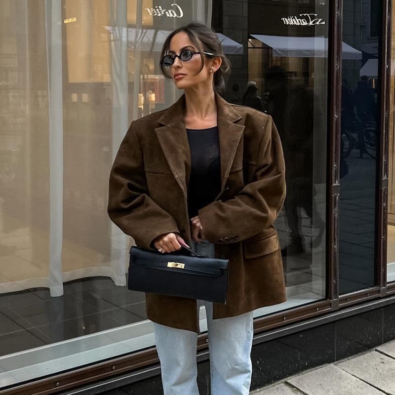 Осенне-зимнее винтажное замшевое пальто женское Design Sense утолщенное пальто средней длины с лацканами куртка женская одежда для поездок на работу