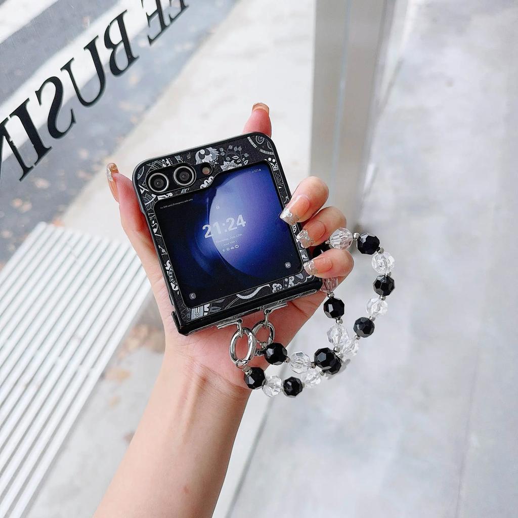Wrist Strap PU Leather Bead Phone Case for Samsung Galaxy Z Flip 6 5 4 3 5G Hinge Protection Shockproof Cover