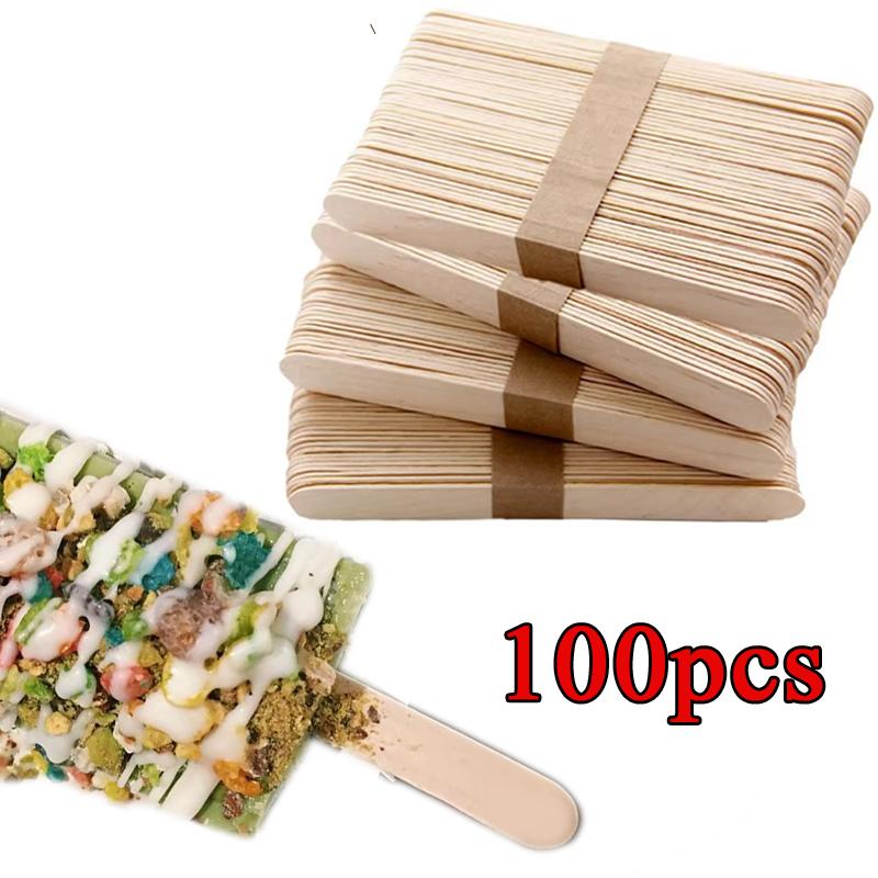 100pcs Natural Wooden Ice Cream Popsicle Sticks Wood Stick Ice Cream Spoon Hand Art Ice Cream Ice Cube Lollipop Cake Tools