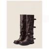 2025 New Thick-soled Heightening Long Knight Boots Women's Maillard Pleated Trouser Boots Brown Belt Buckle Boots