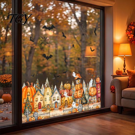 Spooky Party Glass Decor Halloween Window Clings, Pumpkins Skeletons Ghosts And Bats Print Decorative Clings Decals, Electrostatic PVC Static