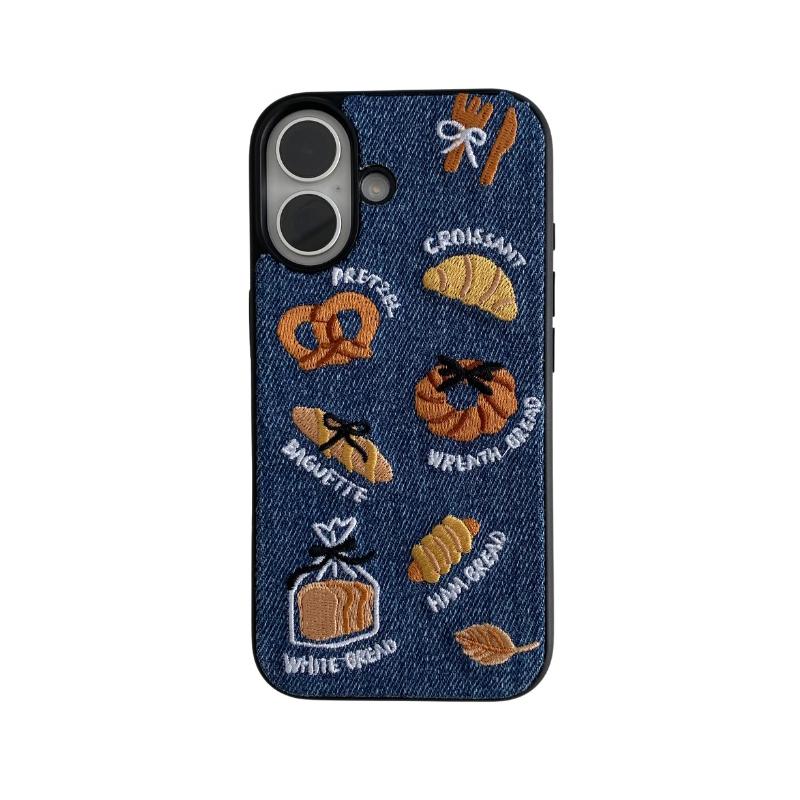 Retro Denim Embrpoidery Bread Toast Warm Fabric Phone Case For iPhone 17 Air 16 15 14 13 Pro Max Lovely Back Cover