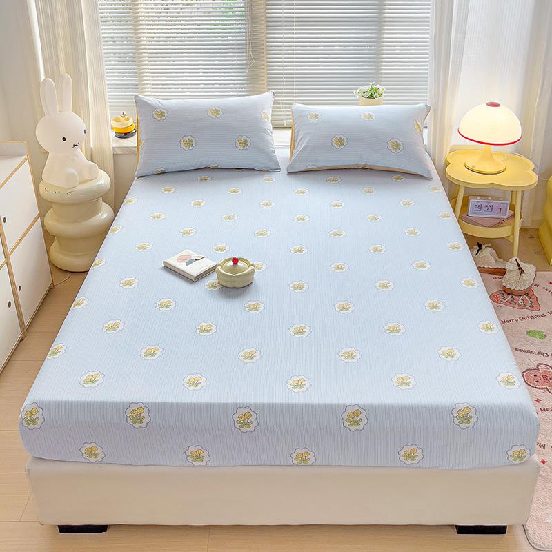 White Flower Print 100% Cotton Fitted Sheet Set Deep Pocket Elastic Mattress Cover with Pillowcases Soft Breathable Bedding Set