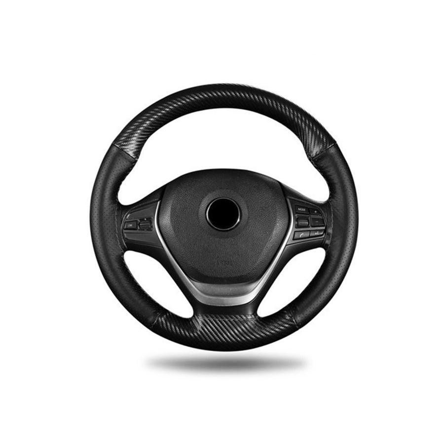 38CM Deluxe Black Carbon Fiber & Leather Car Steering Wheel Cover Trim Universal