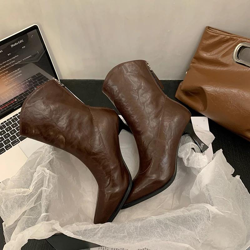 Женские тонкие ботильоны, модные элегантные туфли с острым носком из мягкой кожи, на тонком высоком каблуке, осень-зима, женские короткие ботильоны Morder
