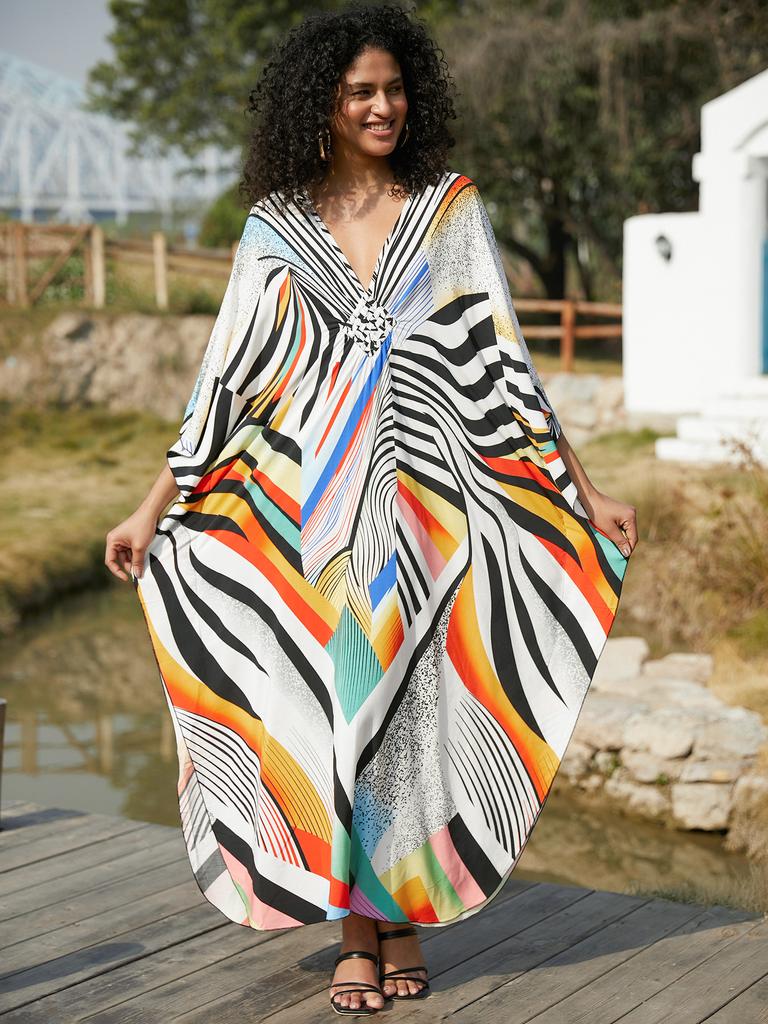 Beach Cover Up Geometric Printed Kaftans for Women Viscose Handmade Waved Maxi Dresses Summer Holiday Bathing Suits