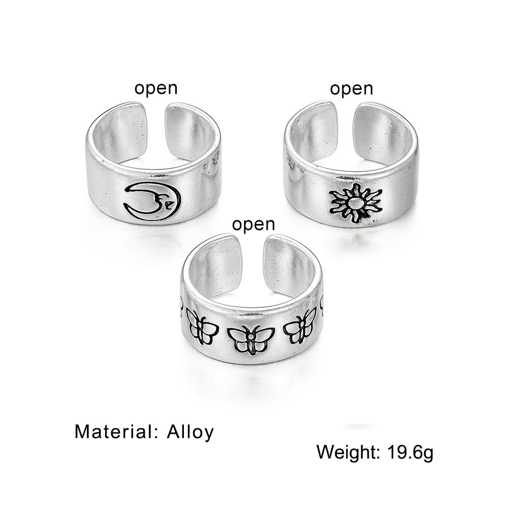 Ретро Серебряная Луна Солнце Бабочка Открытие Регулировка Праздничная одежда Универсальный набор ювелирных колец
