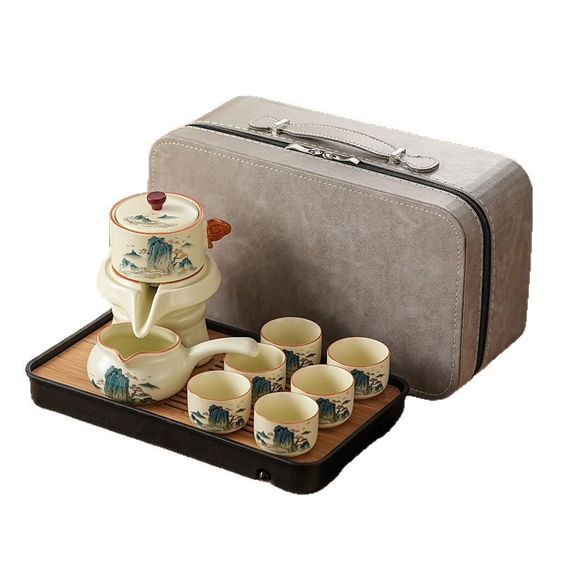 National Style Splendid Mountains and Rivers Semi-automatic Kung Fu Tea Set Ru Kiln Anti-scalding Portable Teapot Business Souvenir