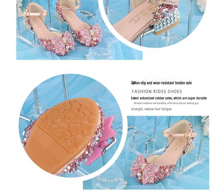 New Arrival: Girls' Crystal Bow High Heels - Shiny Princess Shoes for Piano Performances, Leather Material