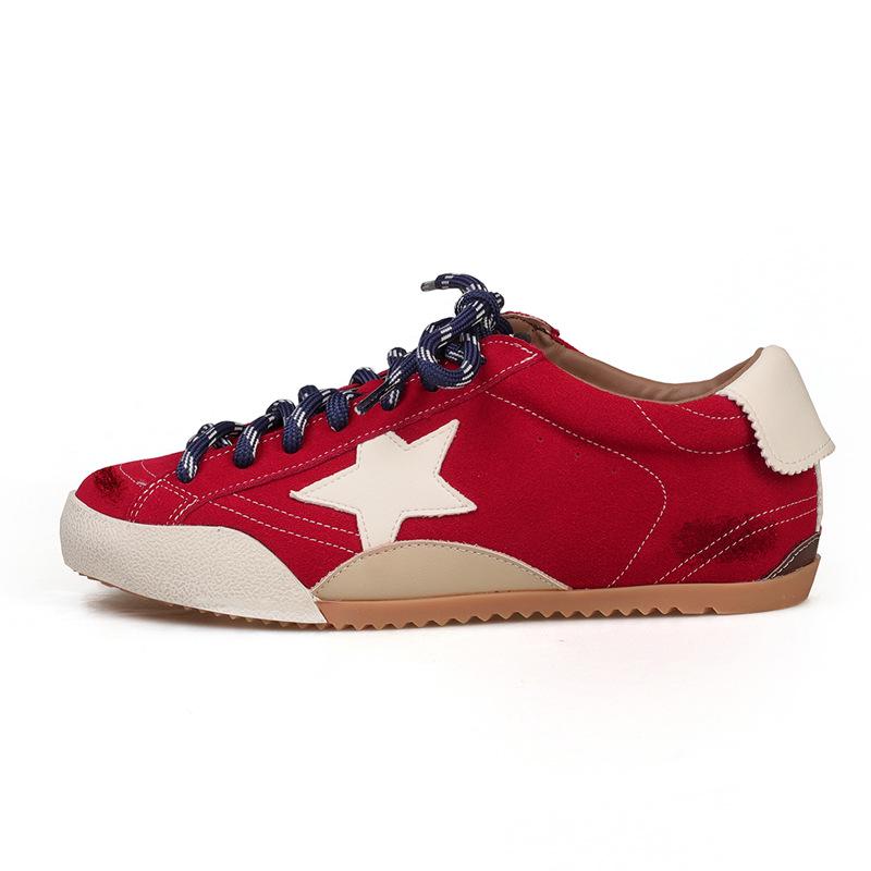 Women's Retro German Trainer: 2025 Genuine Leather Distressed Sneakers with Star, Mandarin Duck Stripe, Flat Bottom, Casual Skate Style