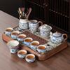 Chinese Retro Blue and White Ru Kiln Kung Fu Tea Set, Home Office Ceramic Teapot, Teacup, Tea Table, a Complete Set