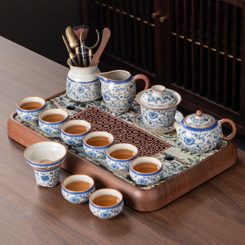 Chinese Retro Blue and White Ru Kiln Kung Fu Tea Set, Home Office Ceramic Teapot, Teacup, Tea Table, a Complete Set