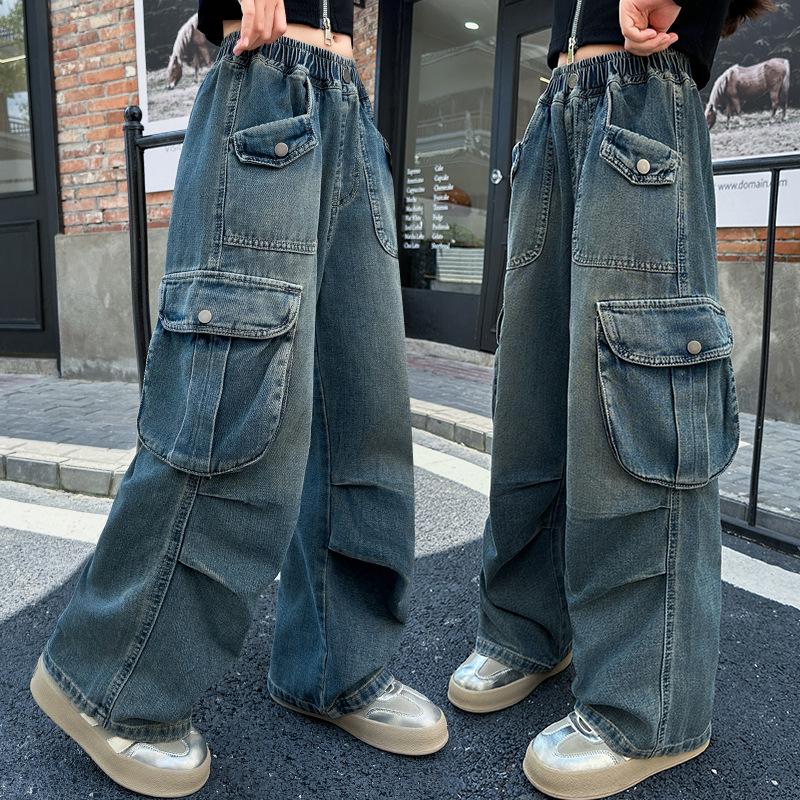 Широкие брюки для девочек-подростков, джинсы с большим карманом, модные синие брюки-карго с высокой талией на все времена года