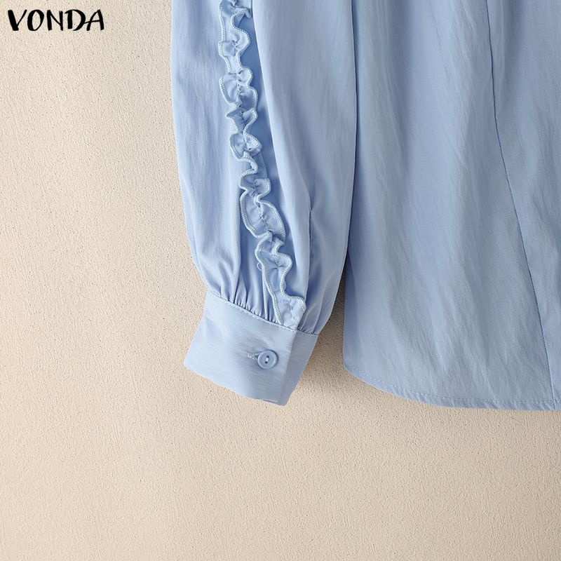 VONDA Женская повседневная блузка с круглым вырезом, оборками, длинными рукавами, однотонная, свободного кроя