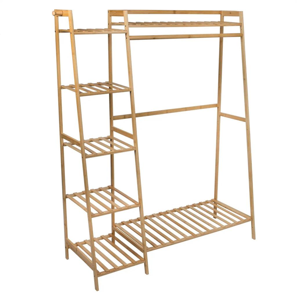 Вешалка стойка для одежды Supretto напольная бамбуковая с полками (9168)