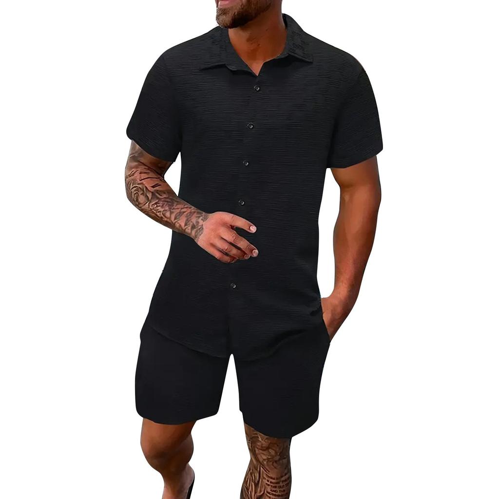 Men's Summer Solid Color Short Sleeve Button Lapel Shirt Shorts Set