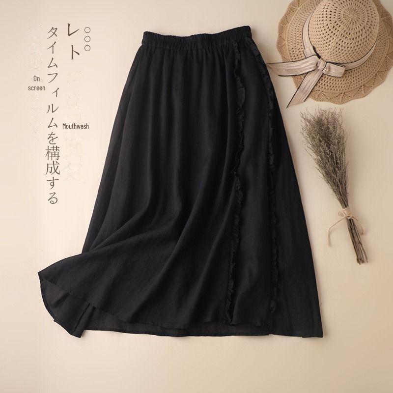 Trendy Cotton-Linen High-Waisted A-Line Skirt: Mid-Length with Ruffled Edges for a Slimming, Drapey Fit.