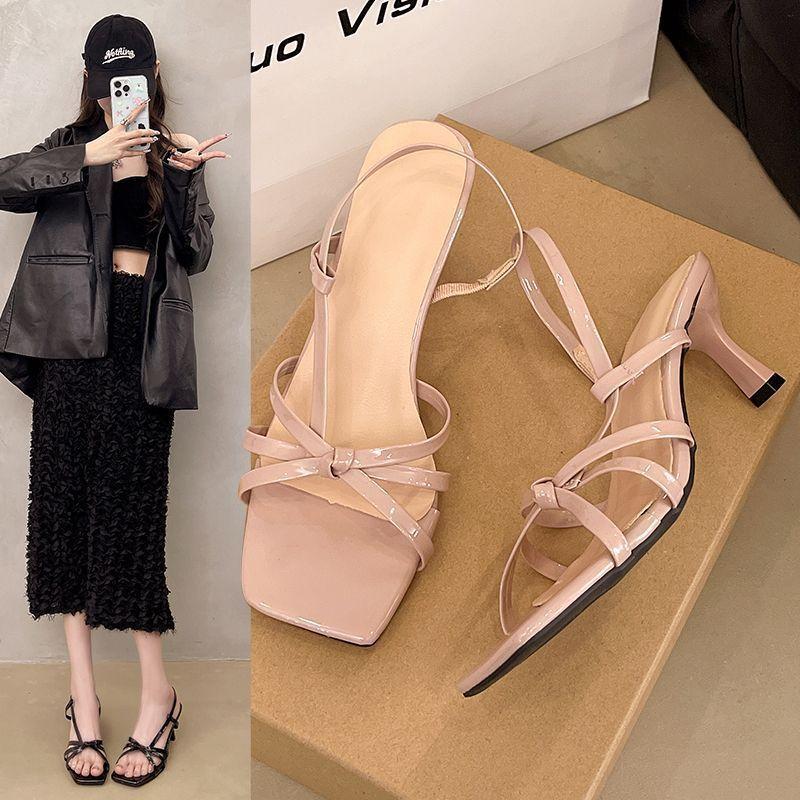 Internet Celebrity Temperament Thin Belt Cross Heeled Sandals 2025 Fairy Style Summer French Celebrity Thin Heel Open-toe High Heels
