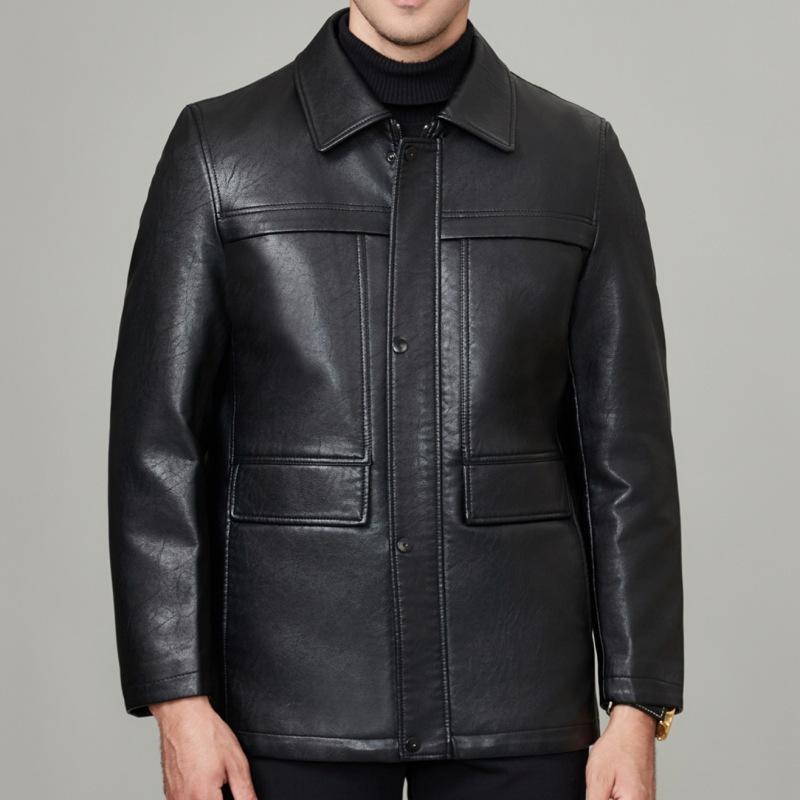 Middle-aged Leather Jacket Men's Dad's Clothing Thickened Sheepskin Jacket Large Size Casual Jacket Down Lining Removable