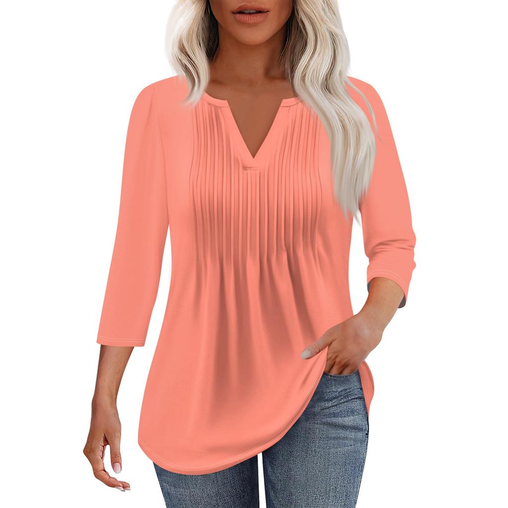 Women's Fashionable Casual Pleated V Neck Solid Color Seven Quarter Sleeve T-shirt Top