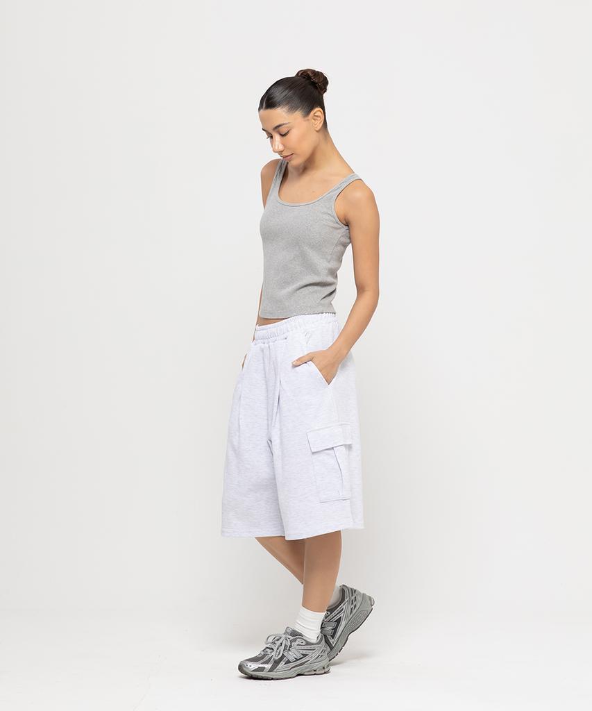 CHAMBROS Cargo Pocket One-Pleat Bermuda Sweat Shorts [White Melange]