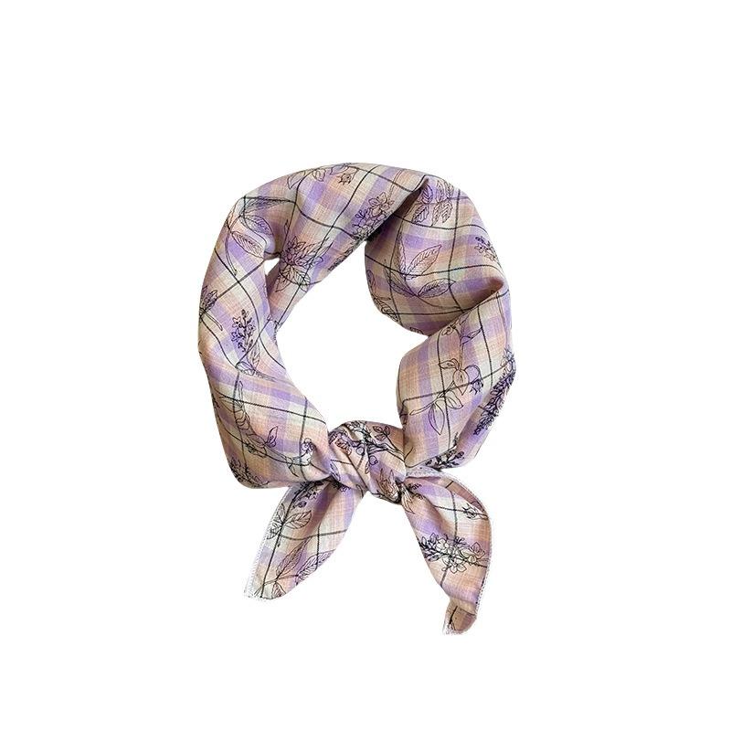 Silk Scarf Neck Small Square Scarf New Fresh Yellow-green Pink-purple Plaid Scarf Headscarf Summer Pastoral Headband Tied Hair Streamer