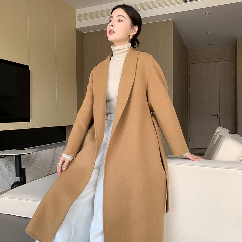 Women's Double-Faced Wool Overcoat with Tie Waist - Extra Long Lapel, Autumn/Winter.