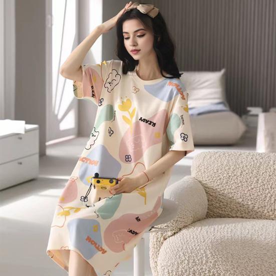 Женская летняя ночная рубашка с рисунком из мультфильма, О-образным вырезом, свободный короткий рукав, пуловер длиной до колена