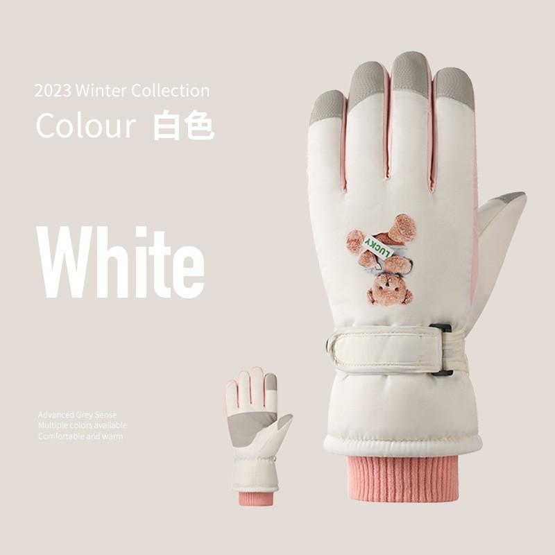 Womens Winter Ski Gloves Warm Fleece Lined Waterproof Windproof Touchscreen Outdoor Riding Anti-Slip Bear Design