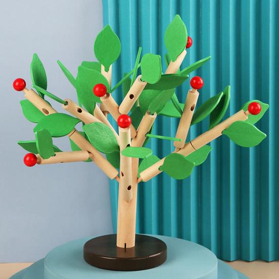 Wooden Building Block Tree Toy Fine Motor Skills Hand Eye Coordination Training Toddlers Educational Yellow Green Leaves Tree Assembly Toy with Base