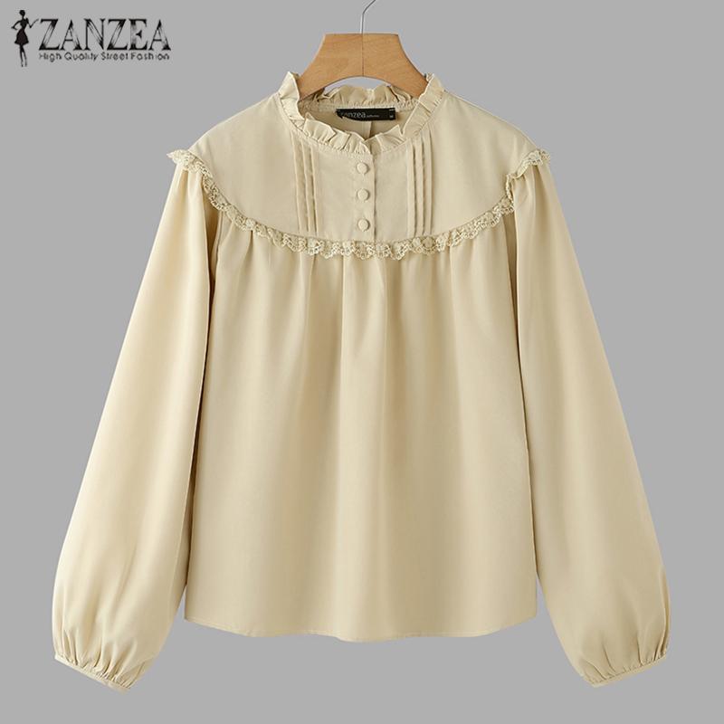 ZANZEA Женские винтажные кружевные блузки с круглым вырезом и длинным рукавом в полоску
