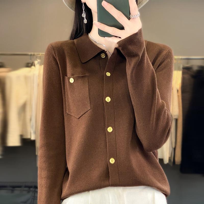 Рубашка поло с длинным рукавом, женский свитер, осенний прямой трикотажный топ с лацканами