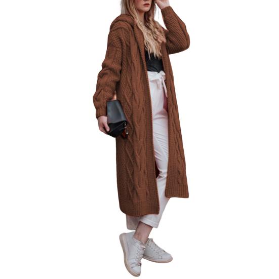 Long Style Women Cardigan Loose Fit Solid Color Hooded Front Open Warm Autumn Winter Twist Design Knit Coat For Daily Wear