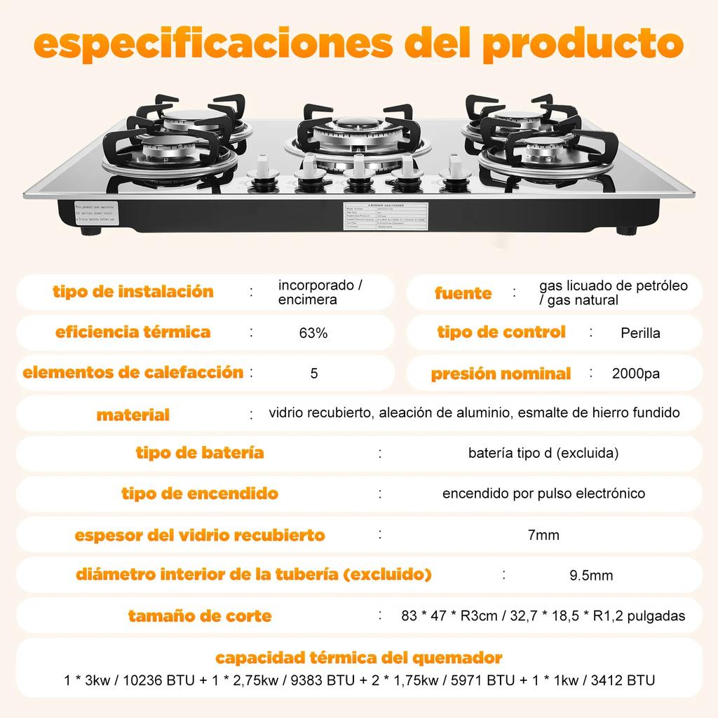 Газовая плита с 5 конфорками, 30" x 20" Газовая варочная панель с покрытым стеклом, Электронный импульсный поджиг Настольная плита для дома, ресторана, кухни