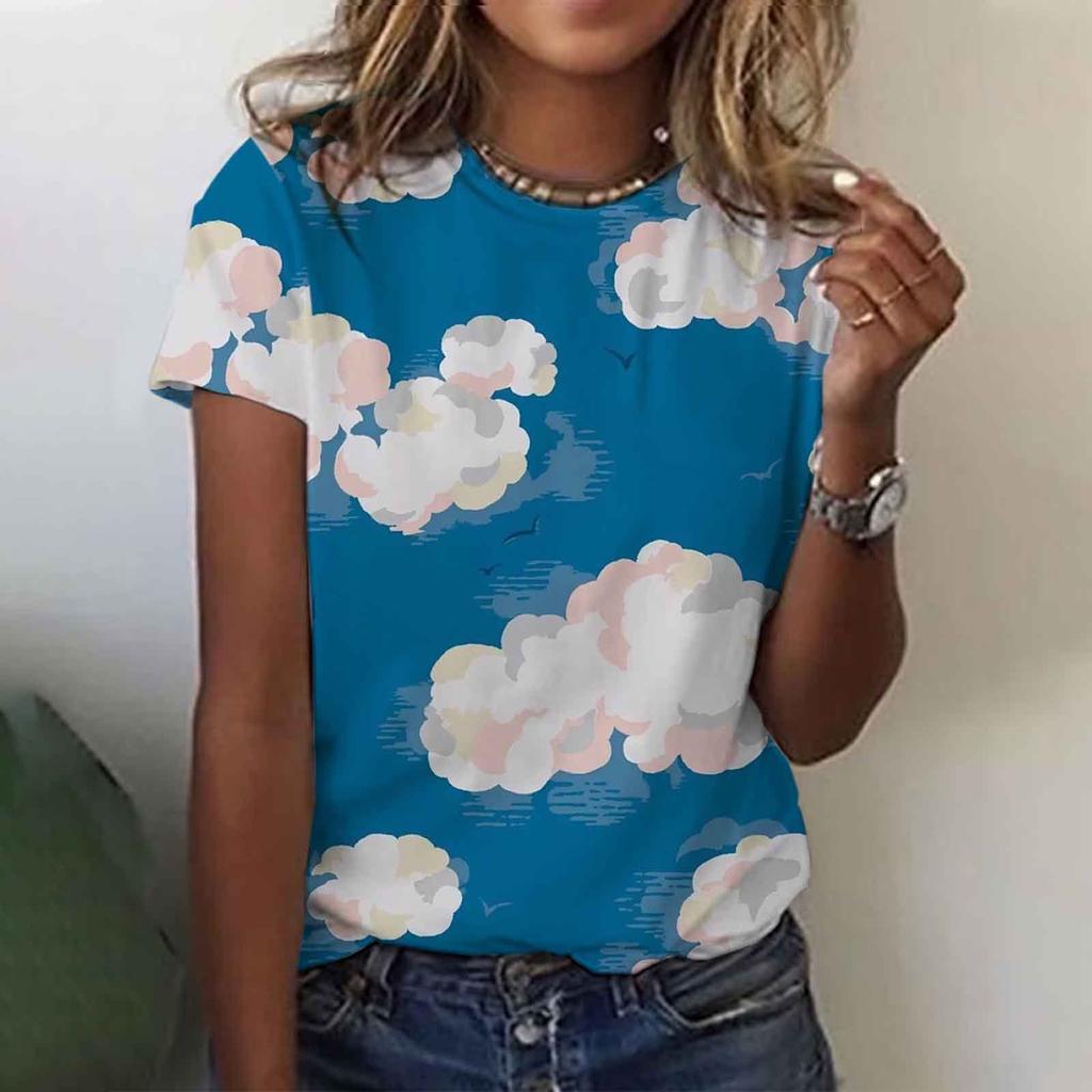 Летний топ с круглым вырезом и 3D-цветочным принтом, модные повседневные женские футболки с короткими рукавами