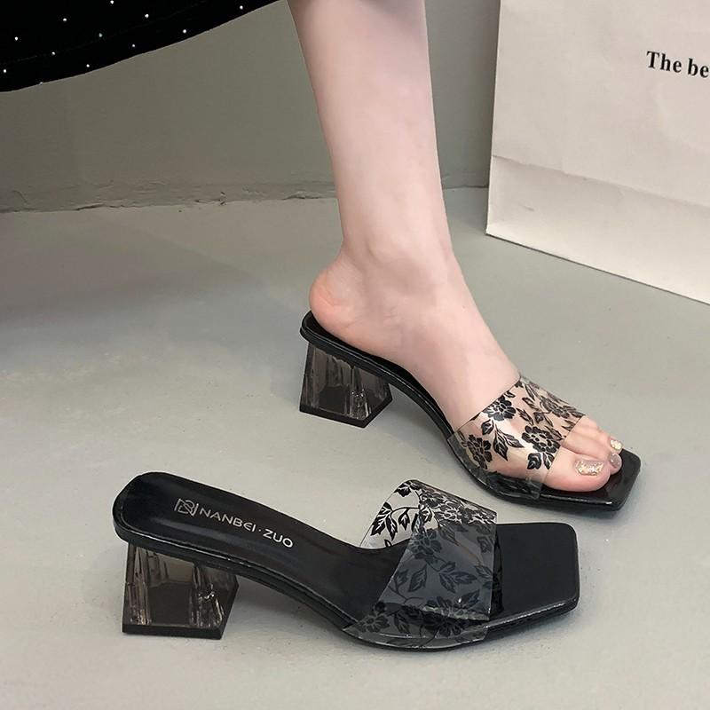 Крутые шлепанцы на толстом каблуке большого размера для женской уличной одежды, лето, новая мода, с принтом, с открытым носком, на высоком каблуке