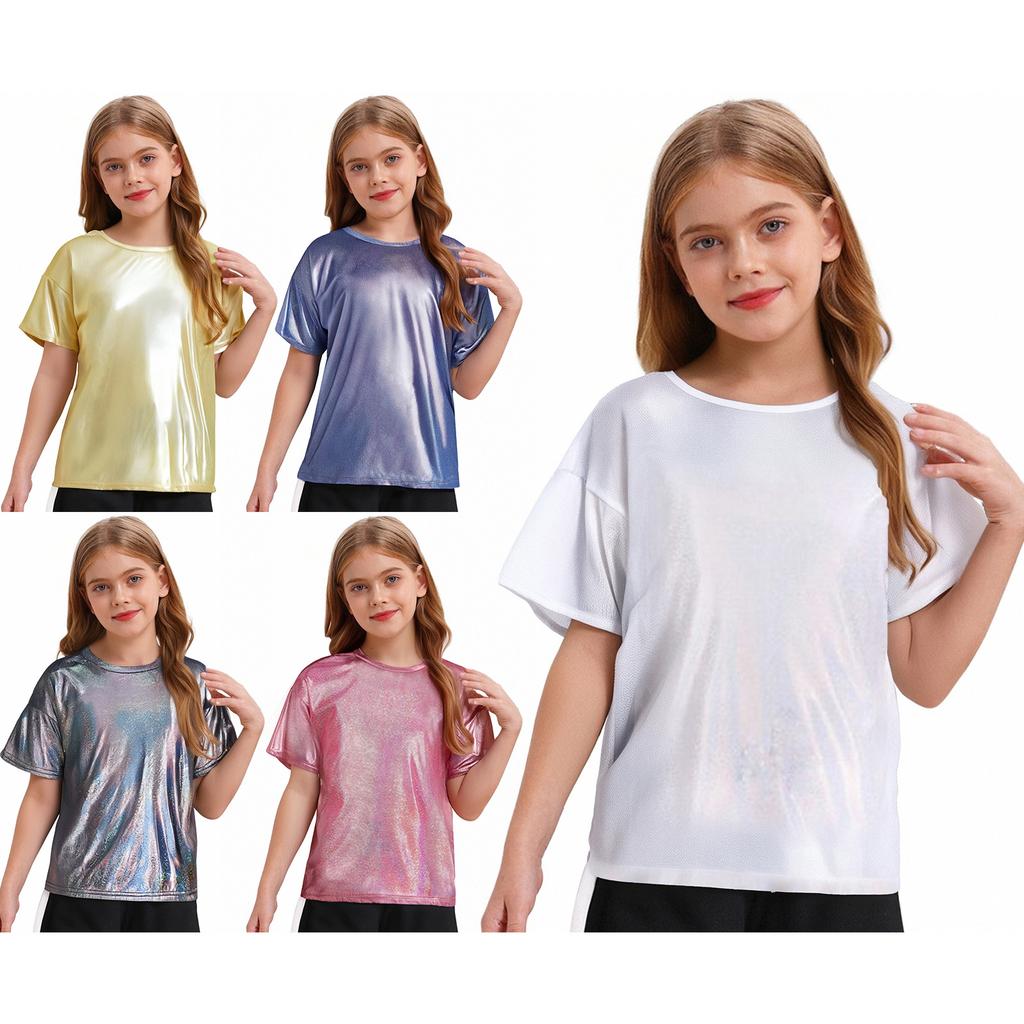 Unisex Kids Metallic Shiny Jazz Dance Top Sparkly T-shirt Performance Wear Boys Girls Dance Class Outfit