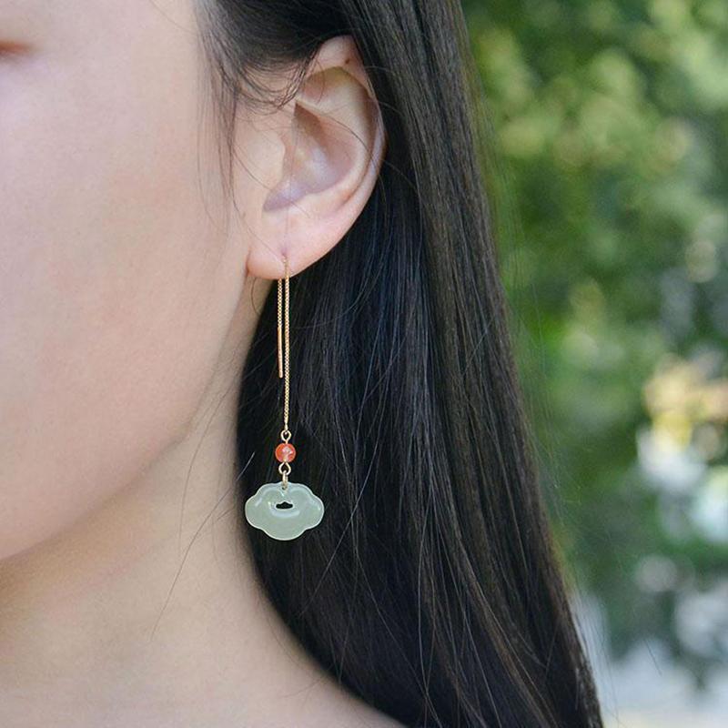 Новый дизайн, инкрустированный натуральной яшмой Хотан, длинные серьги, классические шармы, дворцовый стиль, женские украшения, свадебные аксессуары