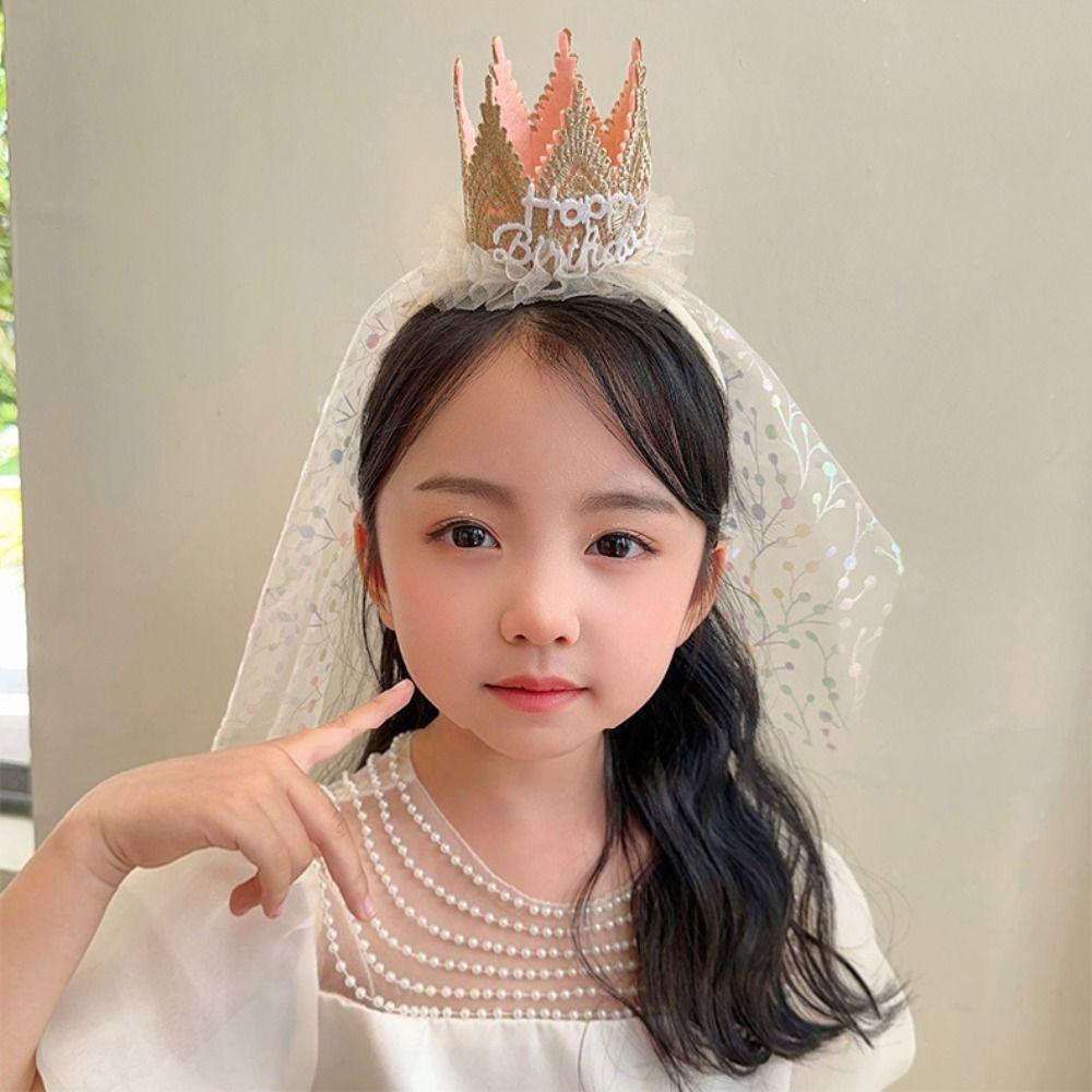 Аксессуары для волос с днем ​​рождения, повязка для волос, головной убор, повязка с короной, милый кружевной сетчатый обруч для волос для девочек