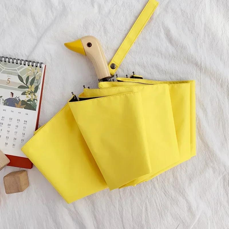 Зонт мужской милый утиный голова деревянная ручка 3 складной ветрозащитный черный покрытие УФ-защита женский дождевик автоматические зонты