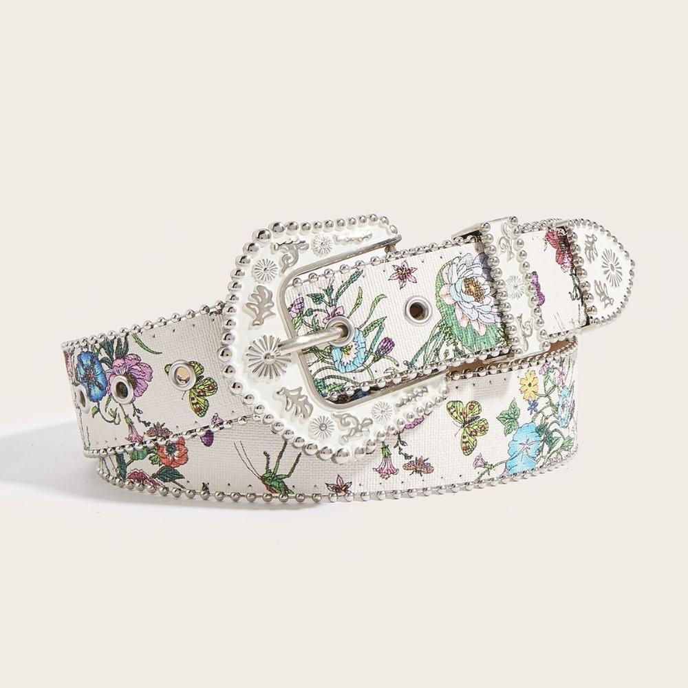 Flower Floral Belt Printed Retro Waistband Personality PU Leather Waistband  Party